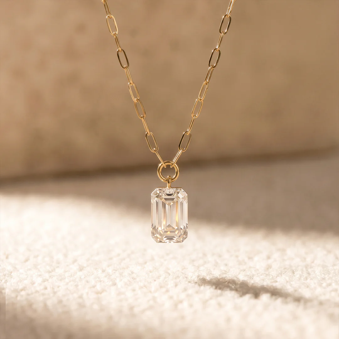 Solid Gold Diamond Emerald Cut Solitaire Necklace - Image 4