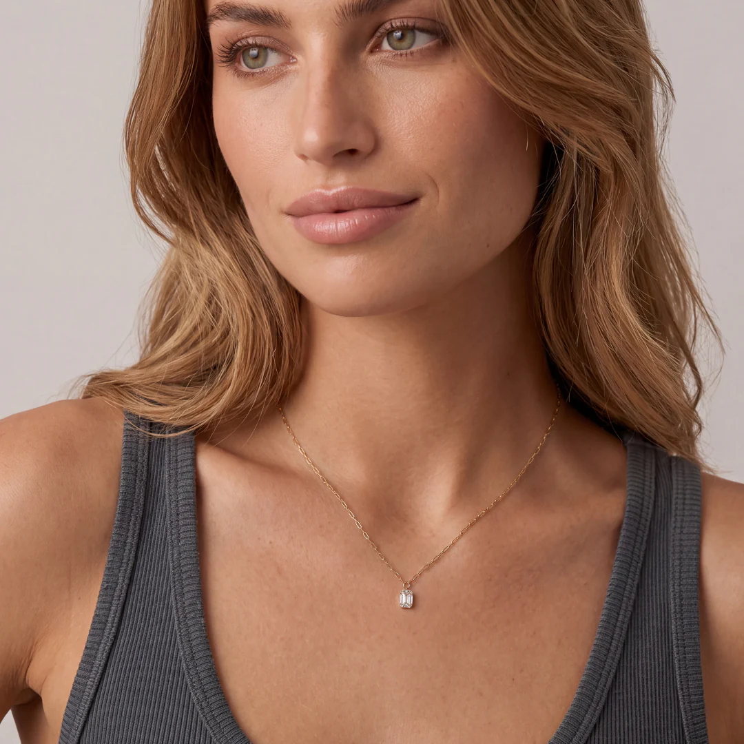 Solid Gold Diamond Emerald Cut Solitaire Necklace - Image 6