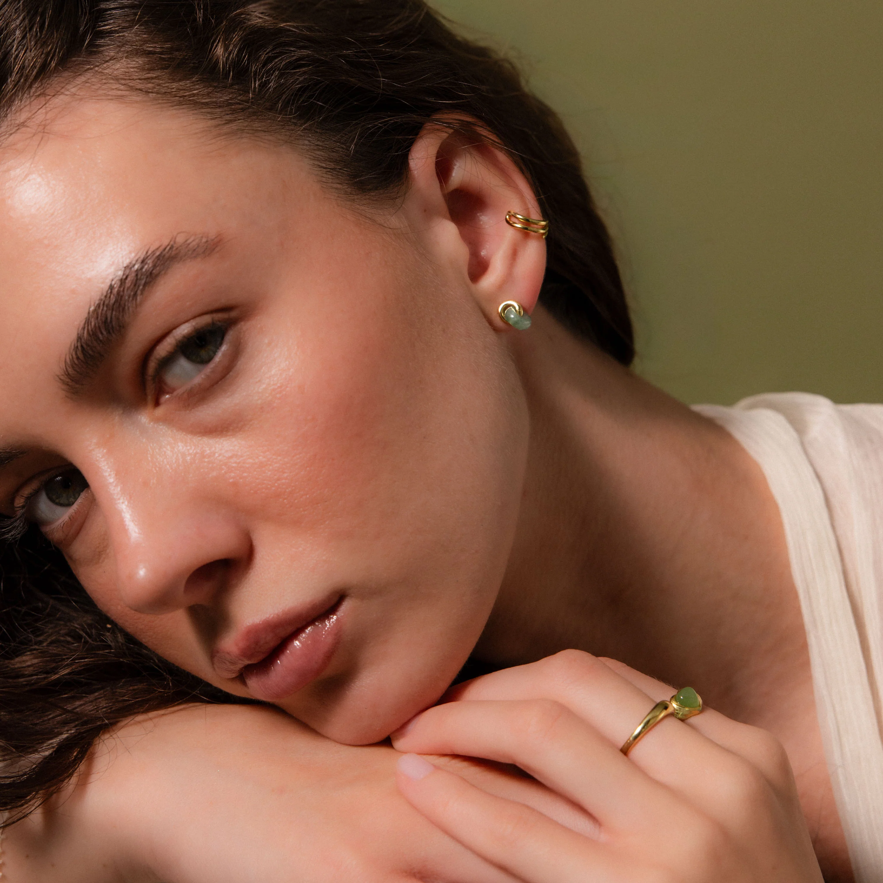 Aventurine Halo Drop Studs in 18K Gold - Image 4