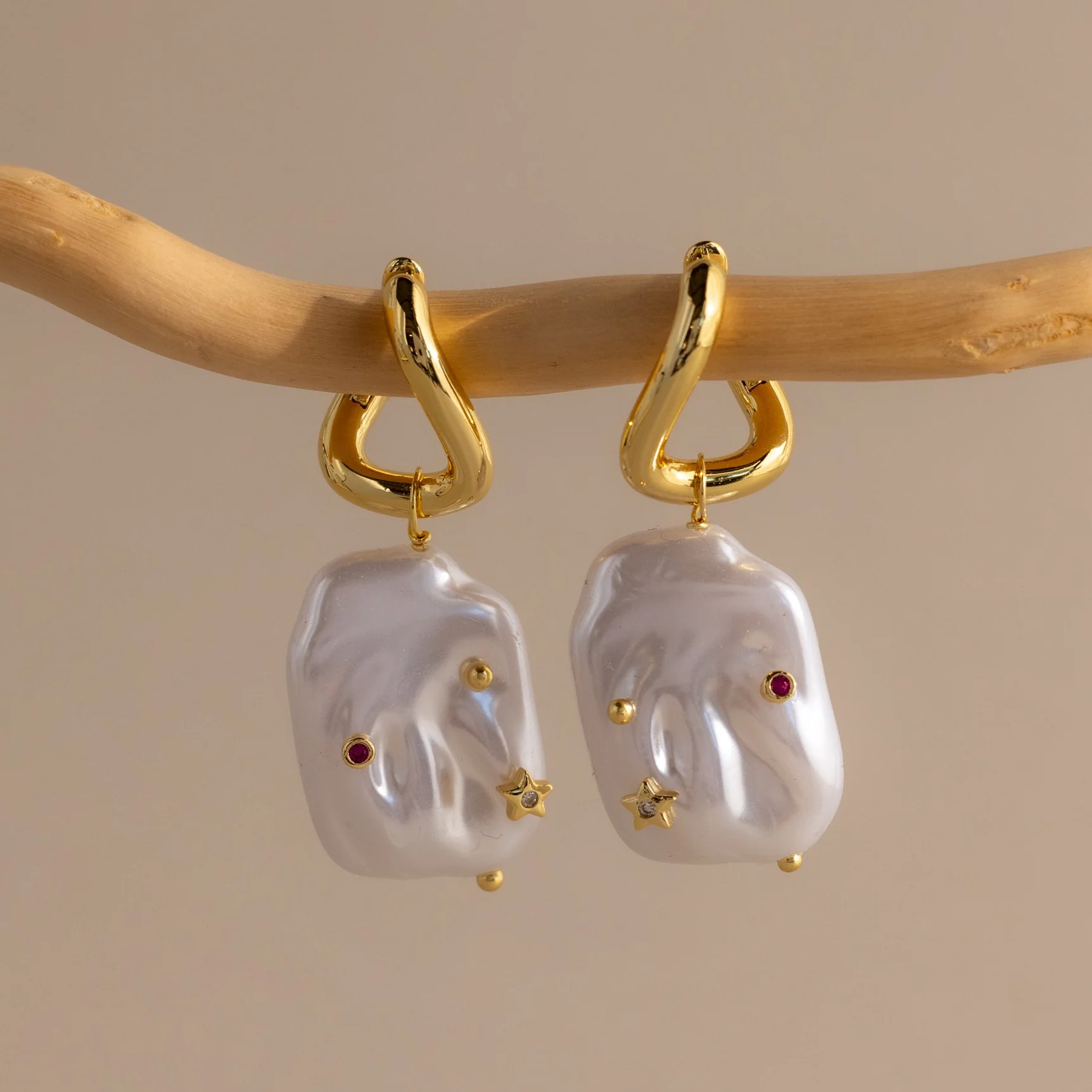 Celestial Baroque Pearl Charm Hoops in 18K Gold