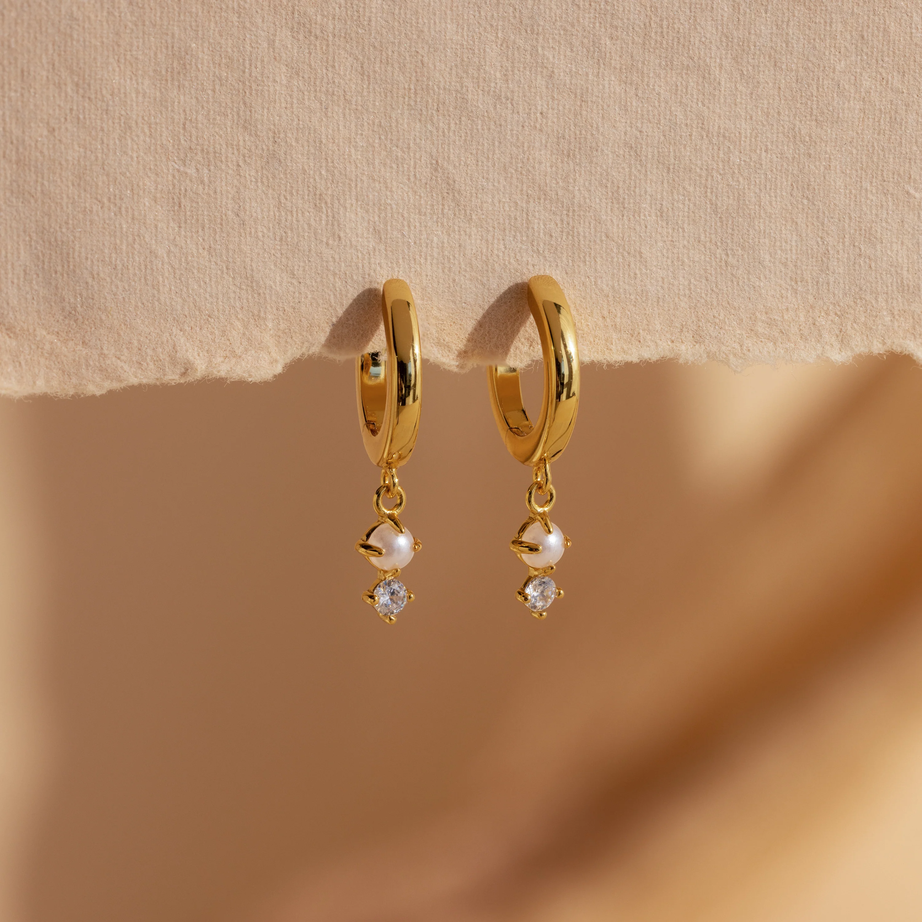 Dangling Pearl Diamond Huggies in 18K Gold