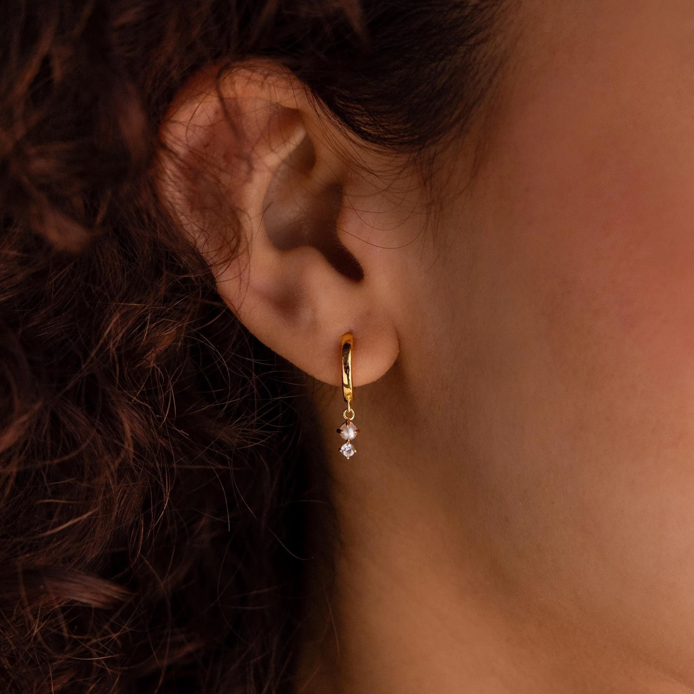 Dangling Pearl Diamond Huggies in 18K Gold - Image 2