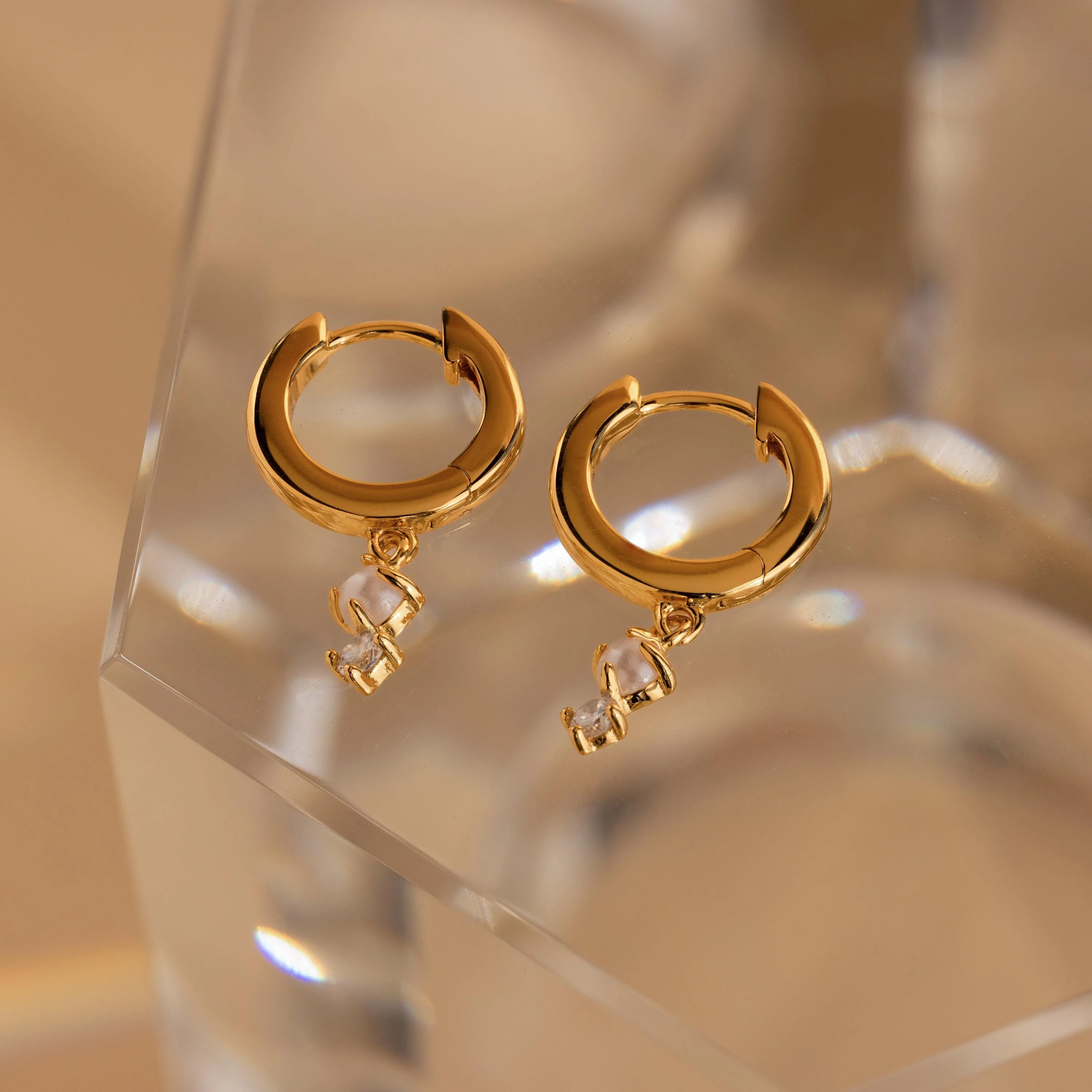 Dangling Pearl Diamond Huggies in 18K Gold - Image 7