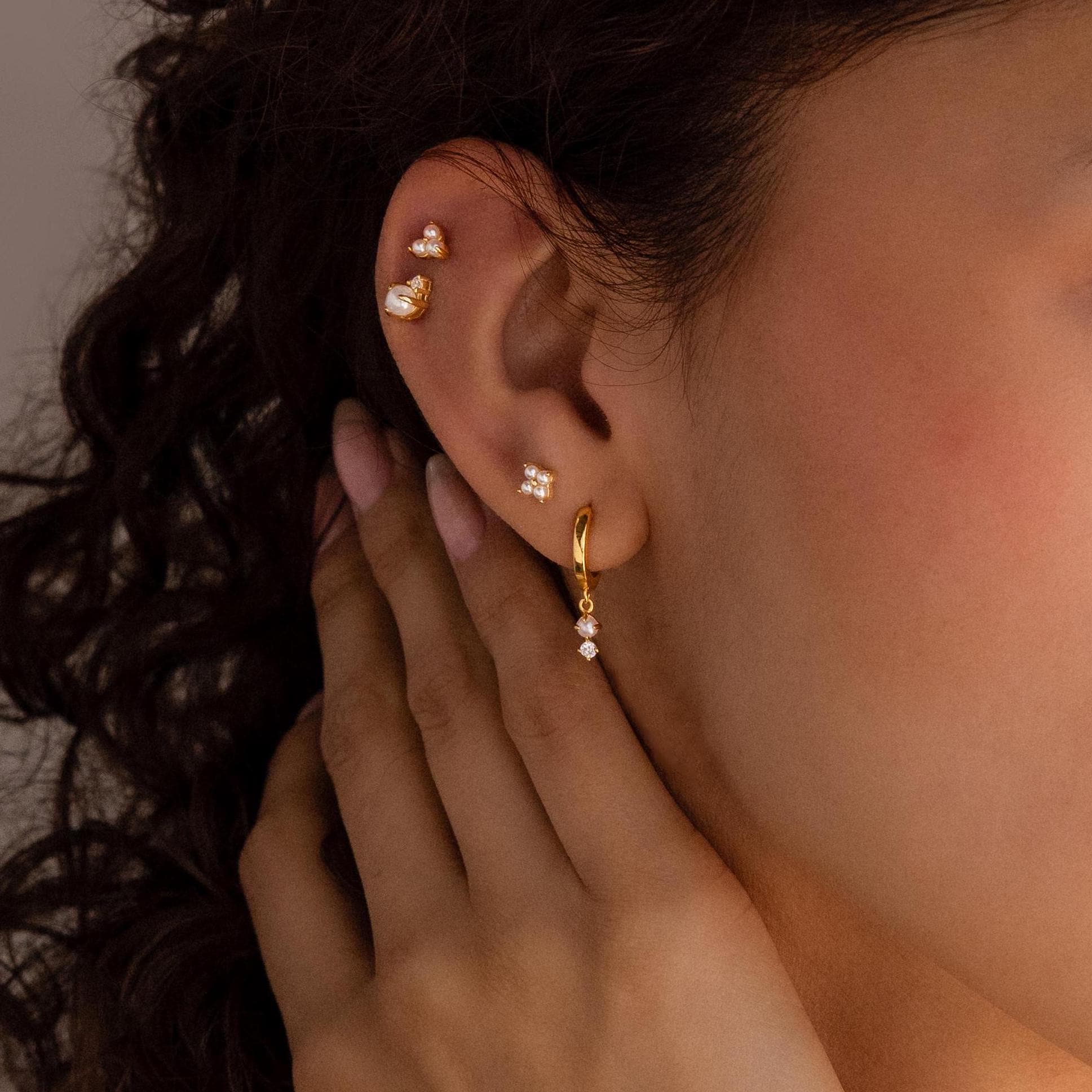 Dangling Pearl Diamond Huggies in 18K Gold - Image 6