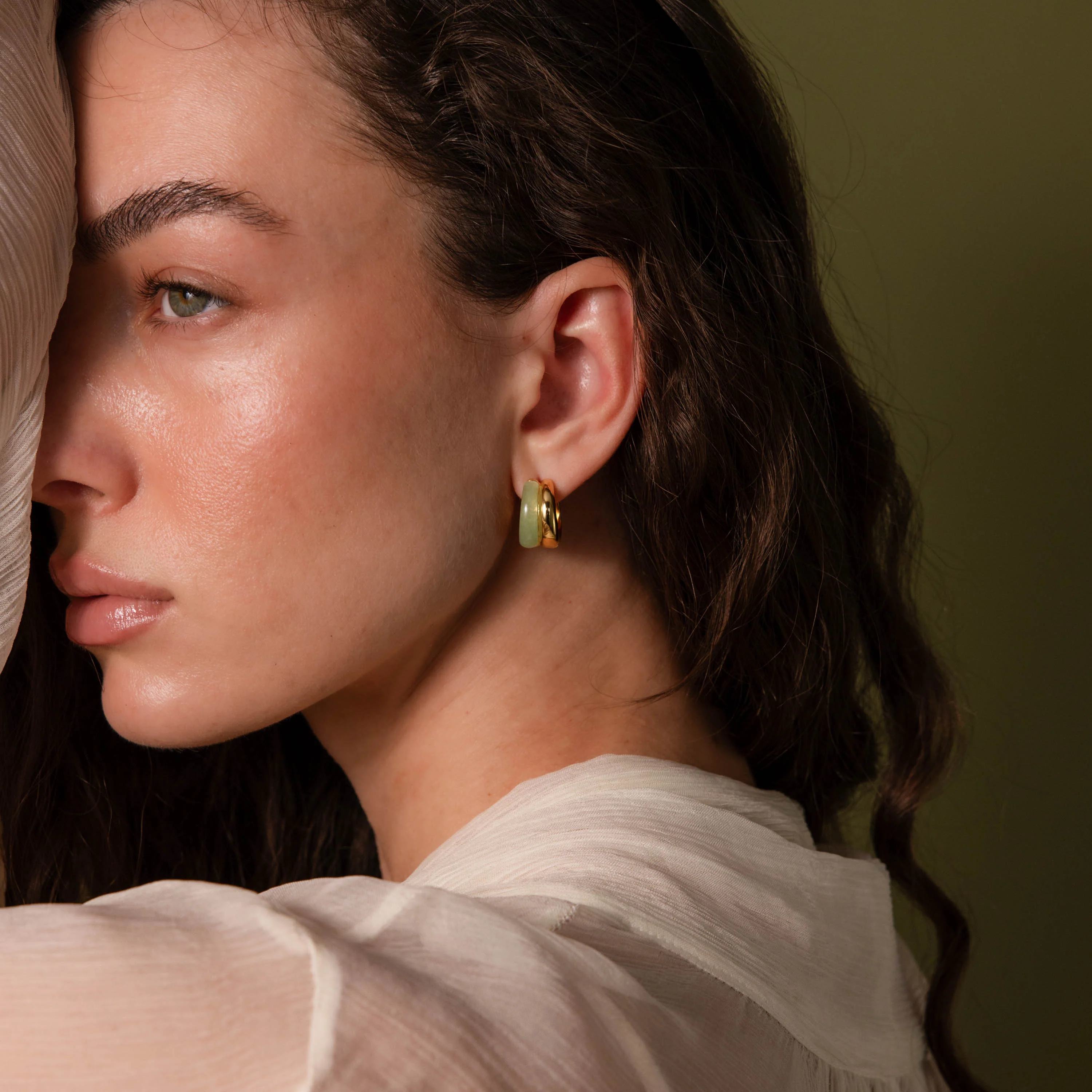 Jade Duo Hoops in 18K Gold - Image 8