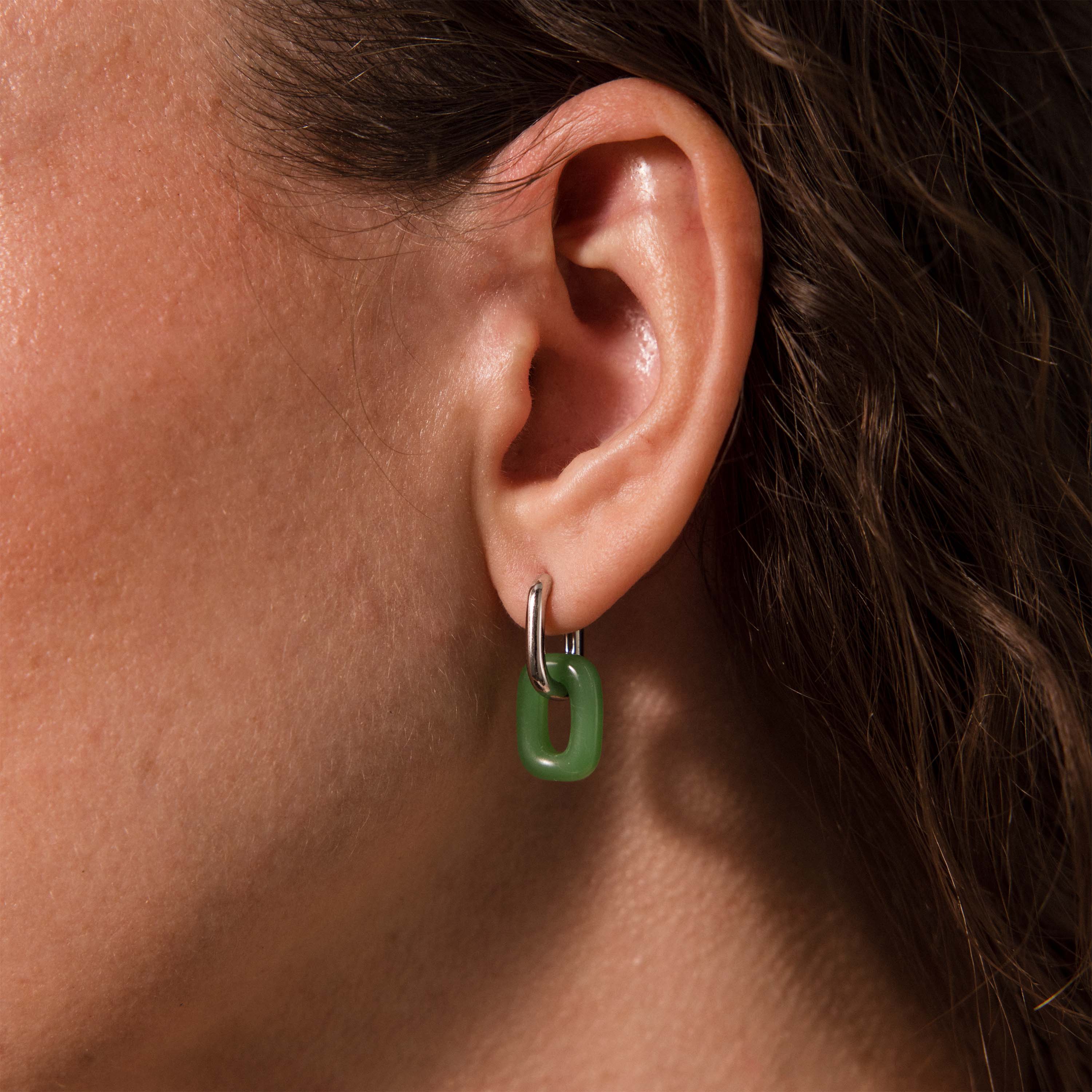 Jade Link Drop Hoops in Silver - Image 2