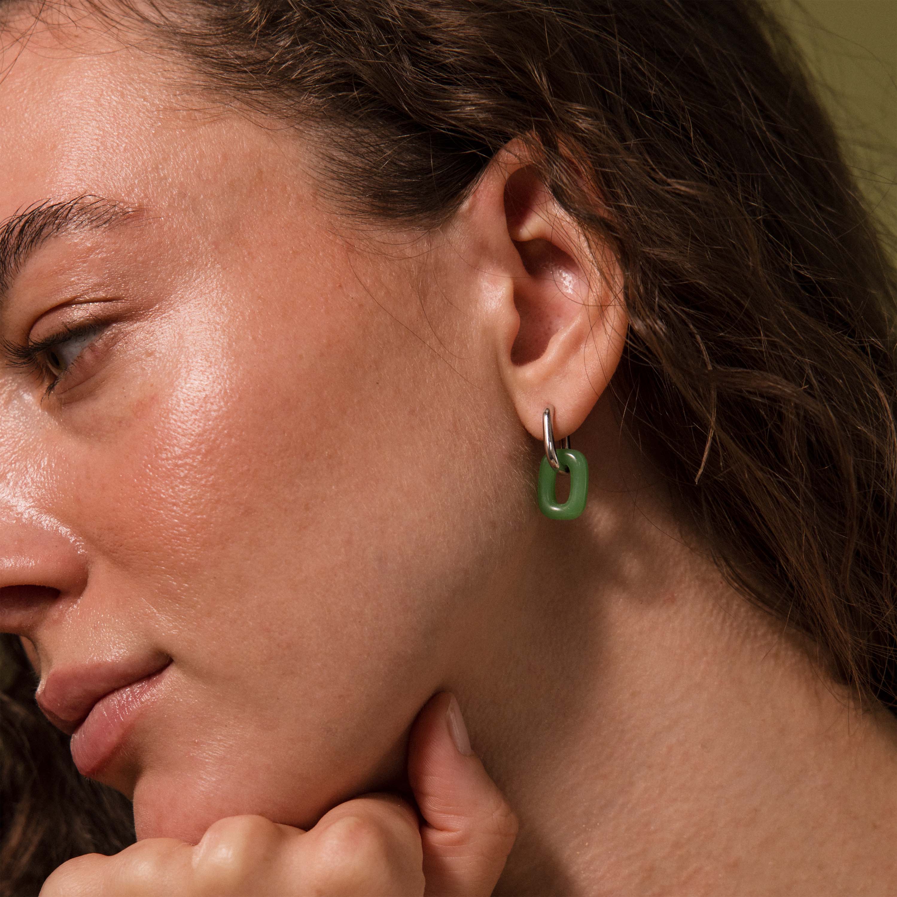 Jade Link Drop Hoops in Silver - Image 4