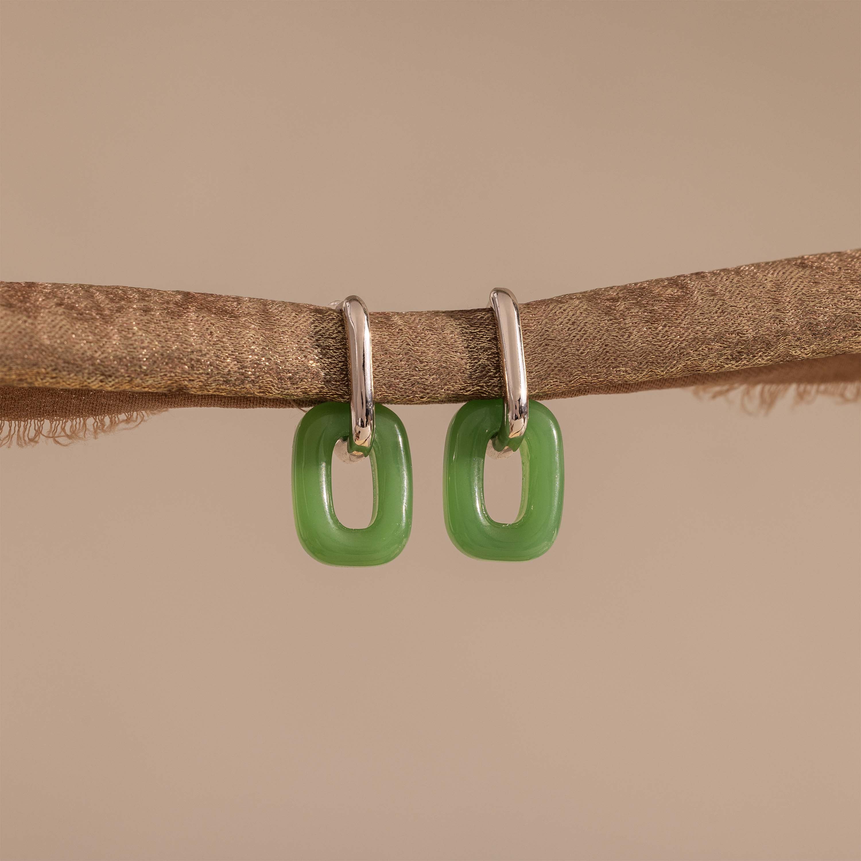 Jade Link Drop Hoops in Silver - Image 5