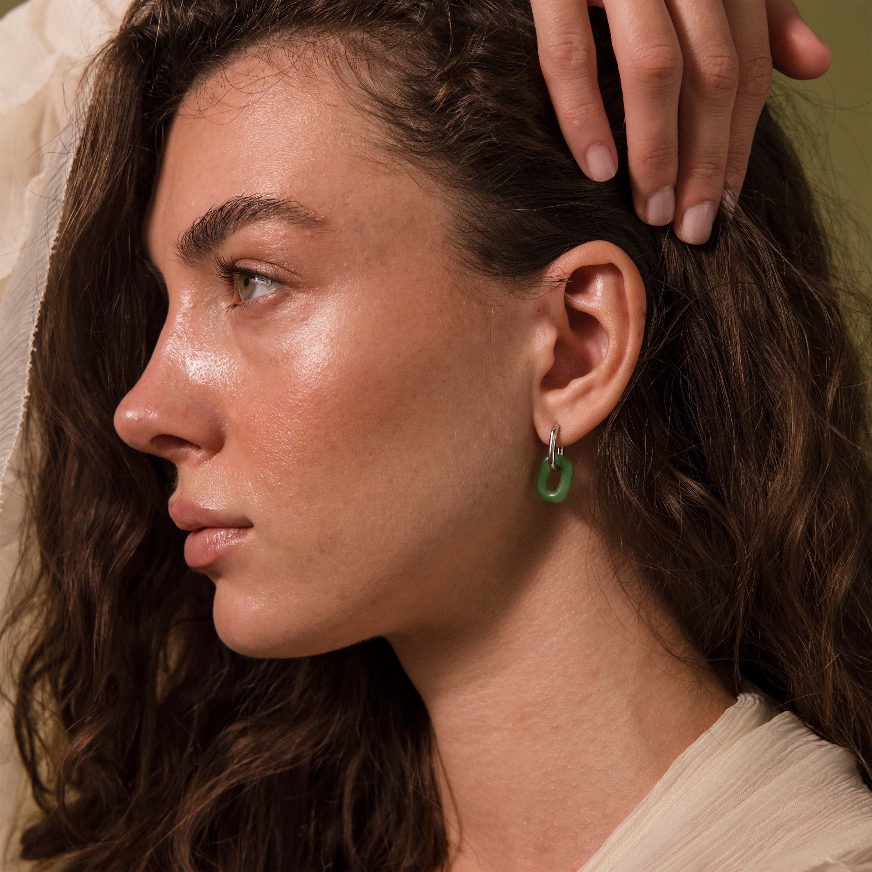 Jade Link Drop Hoops in Silver - Image 6