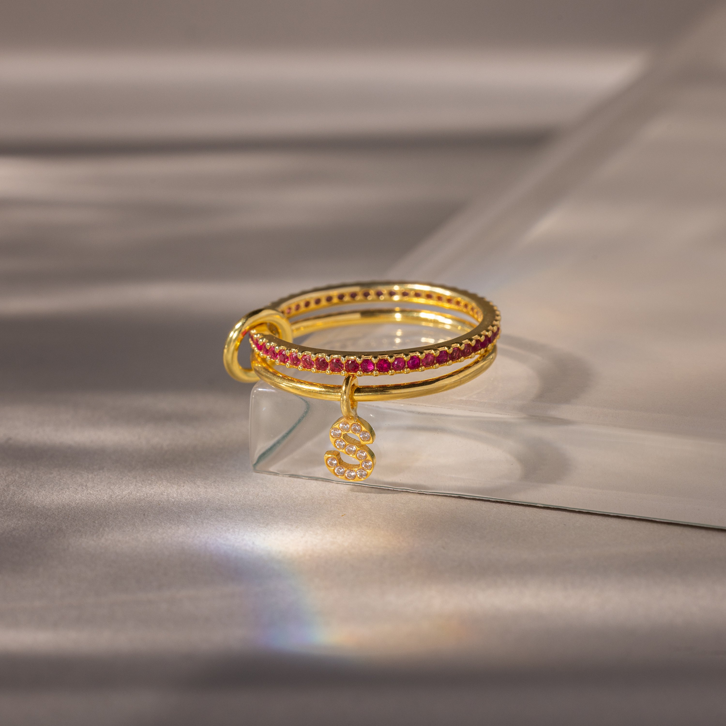 Linked Initial Ruby Ring Set