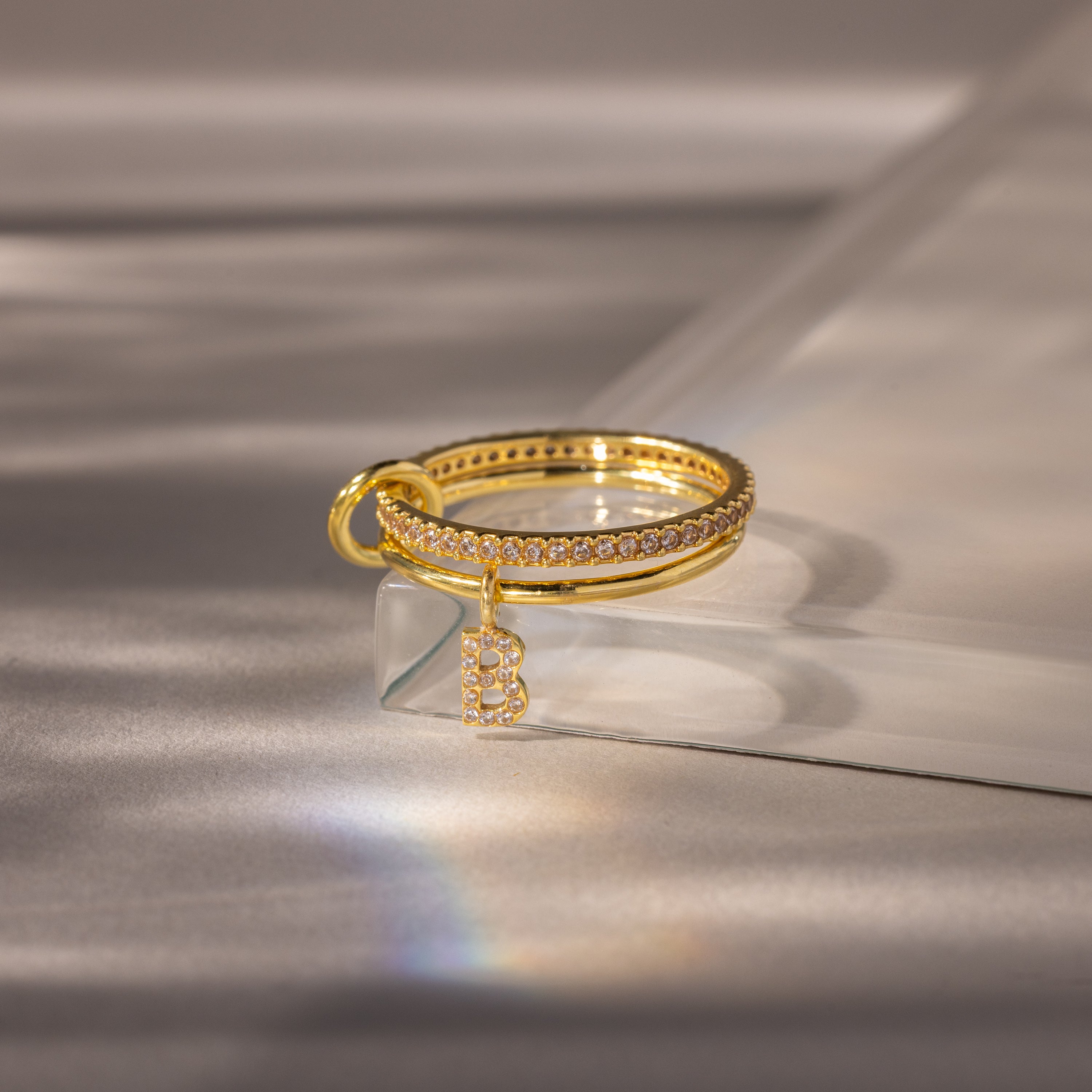 Linked Initial Emerald Ring Set