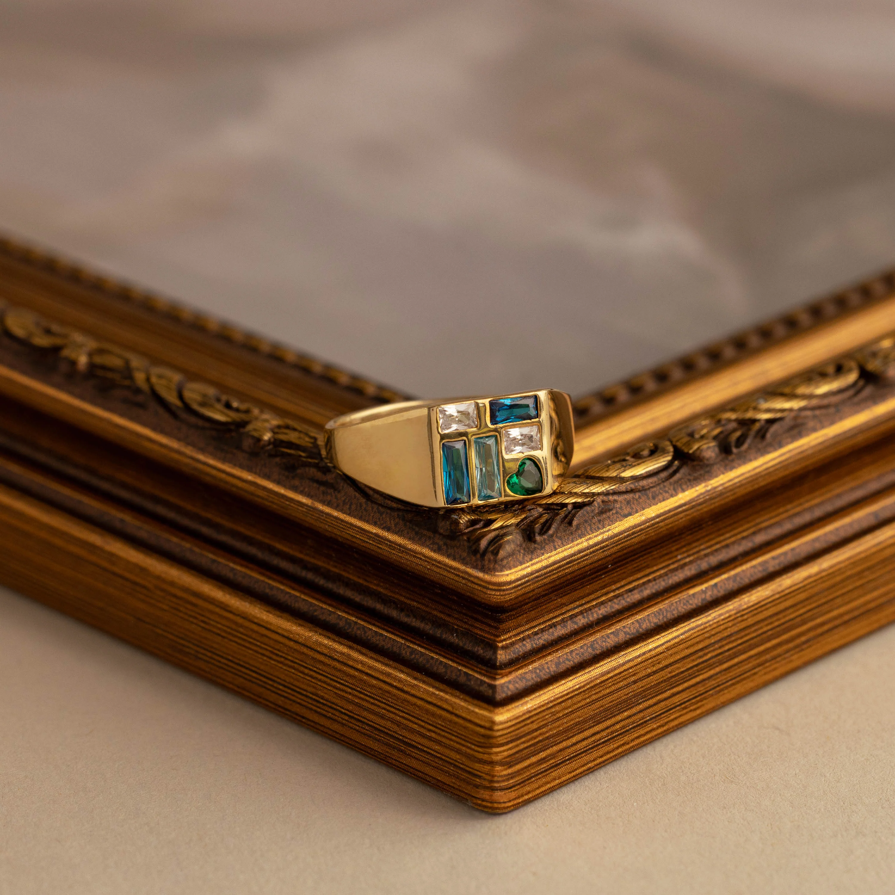 Mosaic Birthstone Signet Ring in 18K Gold - Image 5