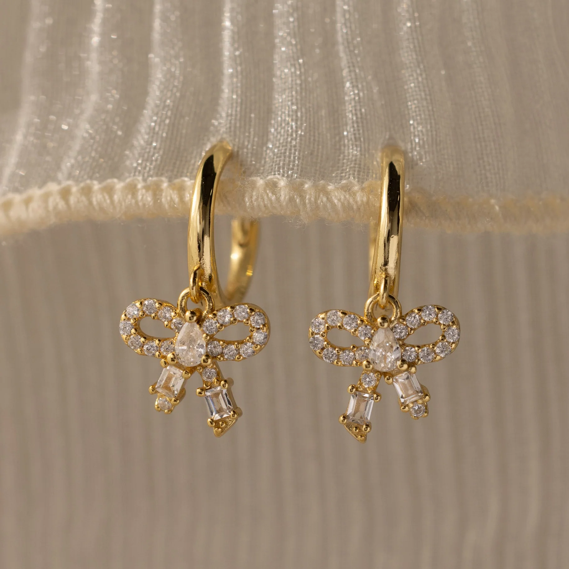 Pave Bow Charm Hoops in 18K Gold - Image 3