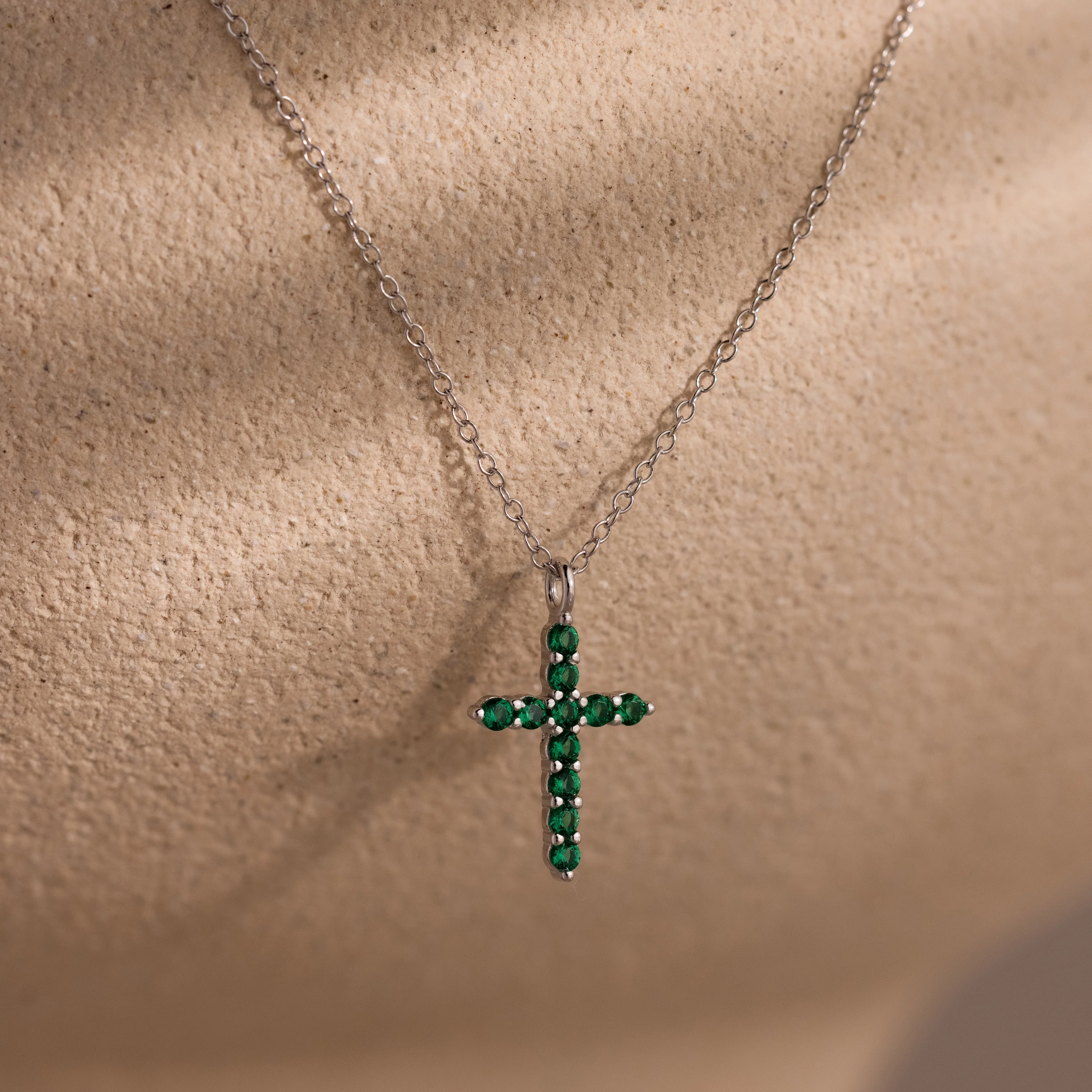 Pave Emerald Cross Necklace in Silver