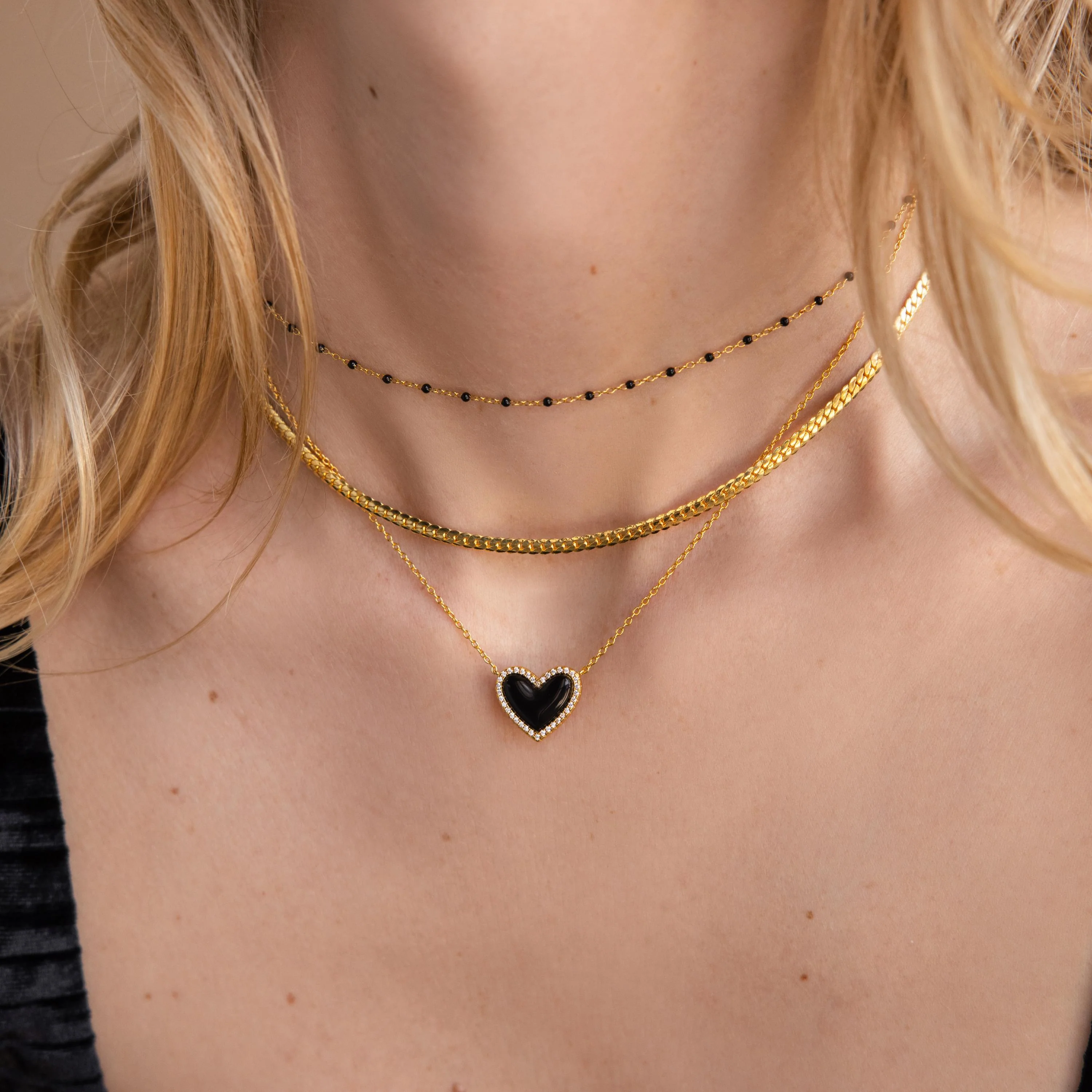 Pave Onyx Puff Heart Necklace in Silver - Image 4