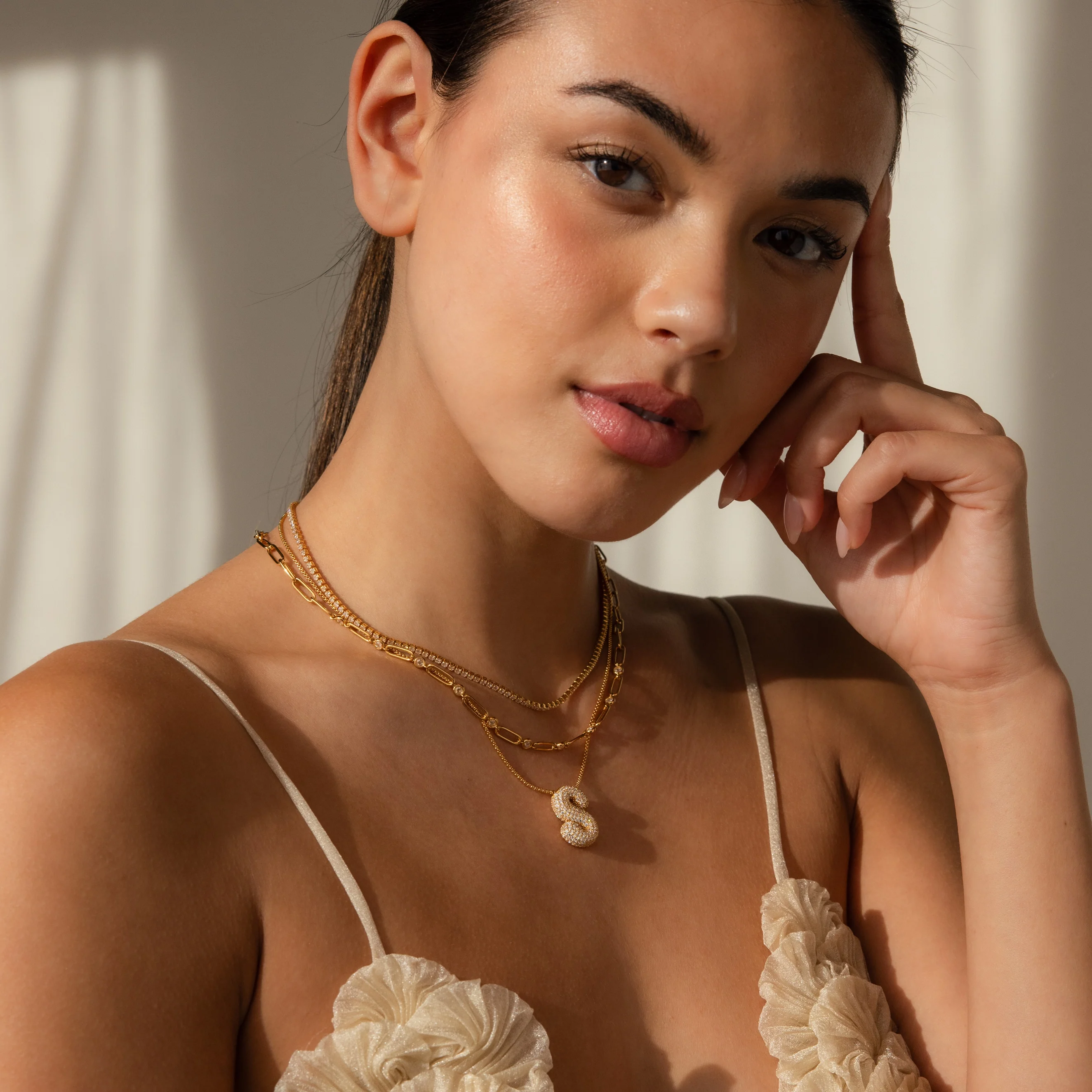 Pave Puff Letter Necklace in 18K Gold - Image 7
