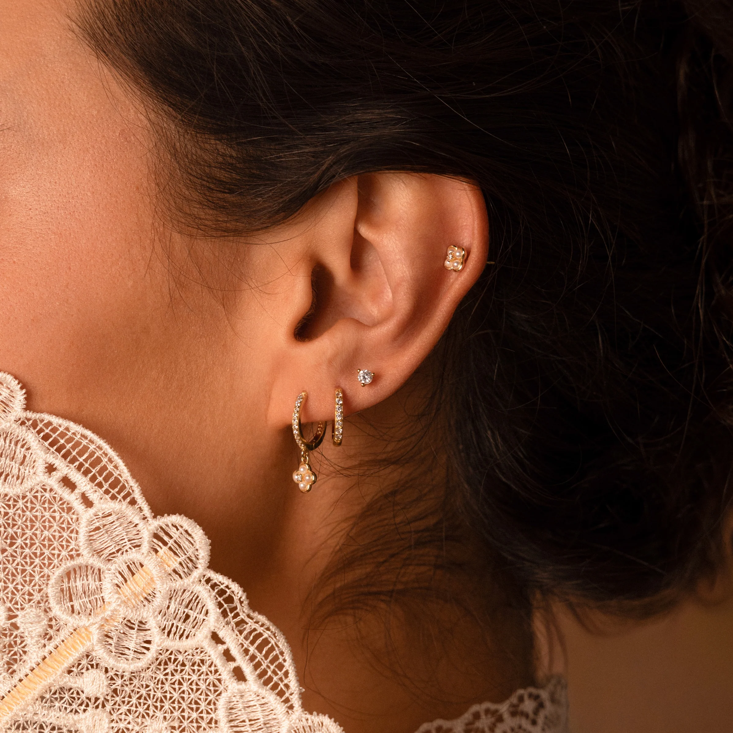 Pave Rounded Pearl Flower Hoops - Image 7