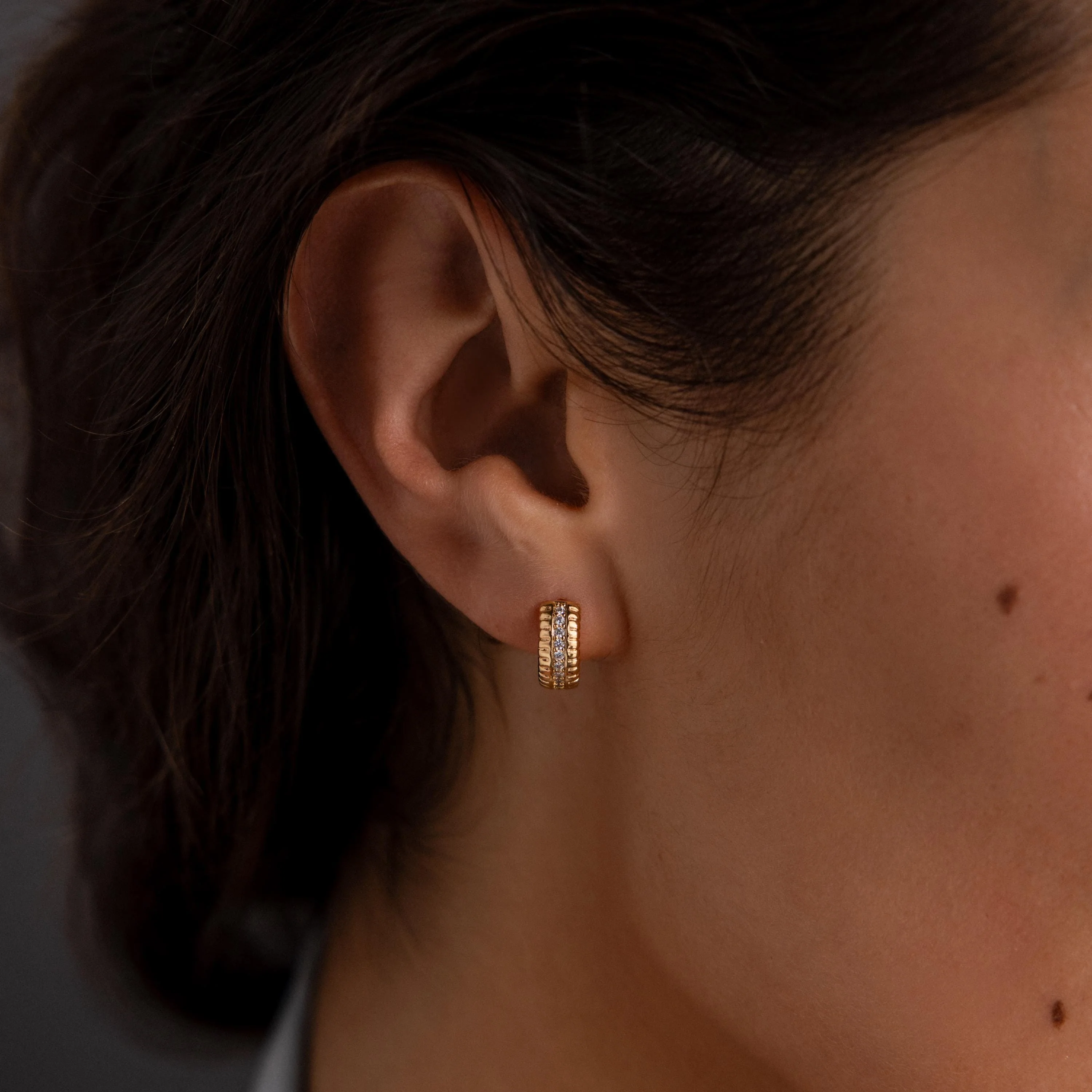 Ribbed Pave Huggies in 18K Gold - Image 2