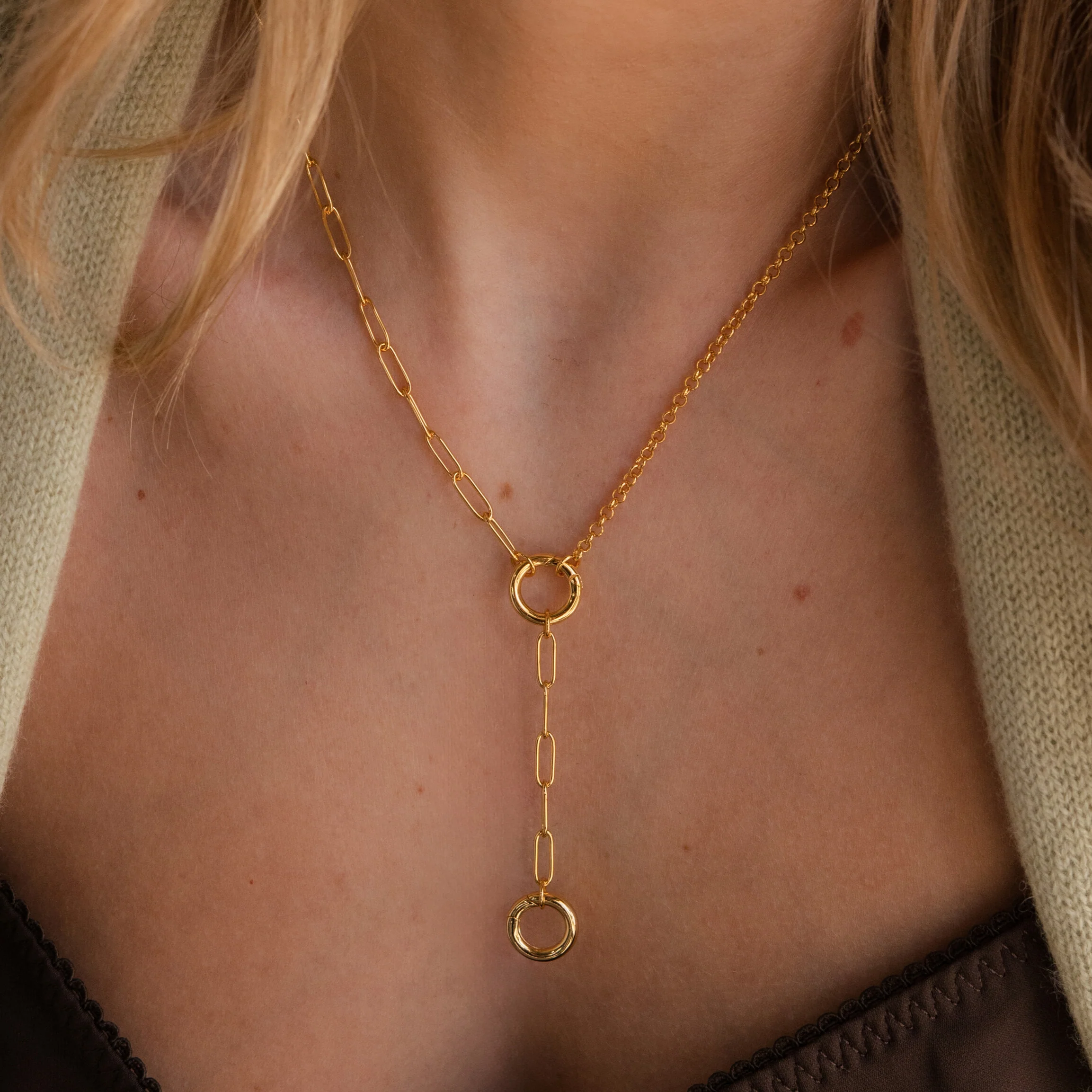 Rolo Lariat Paperclip Clasp Necklace in 18K Gold