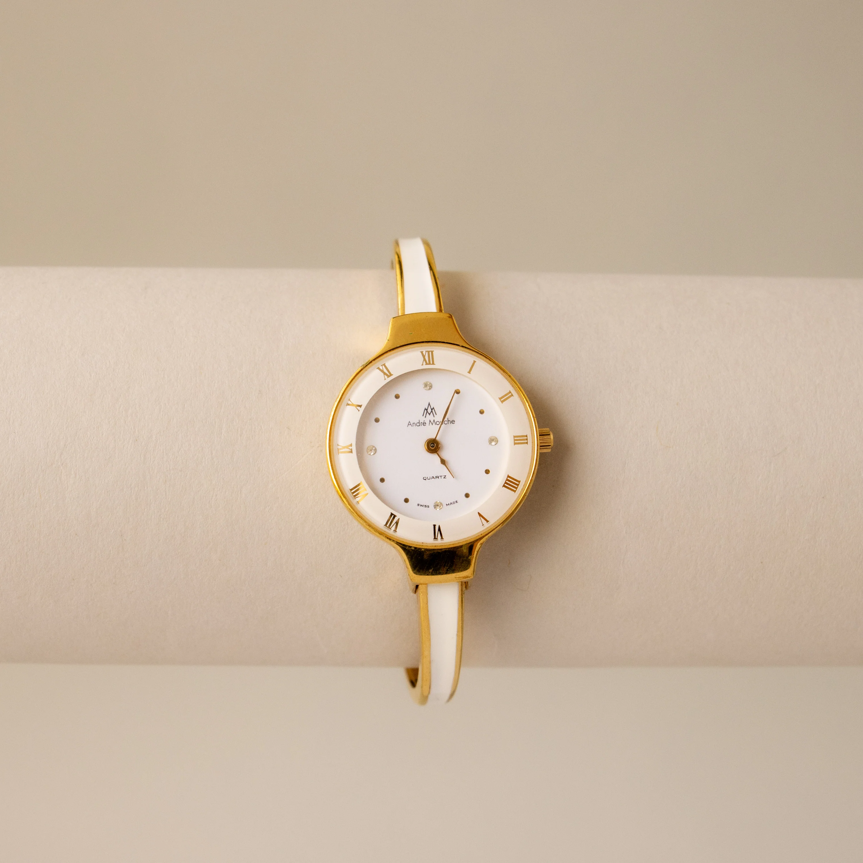 Vintage Andre Mouche Swiss White Cuff Gold Watch - Image 2