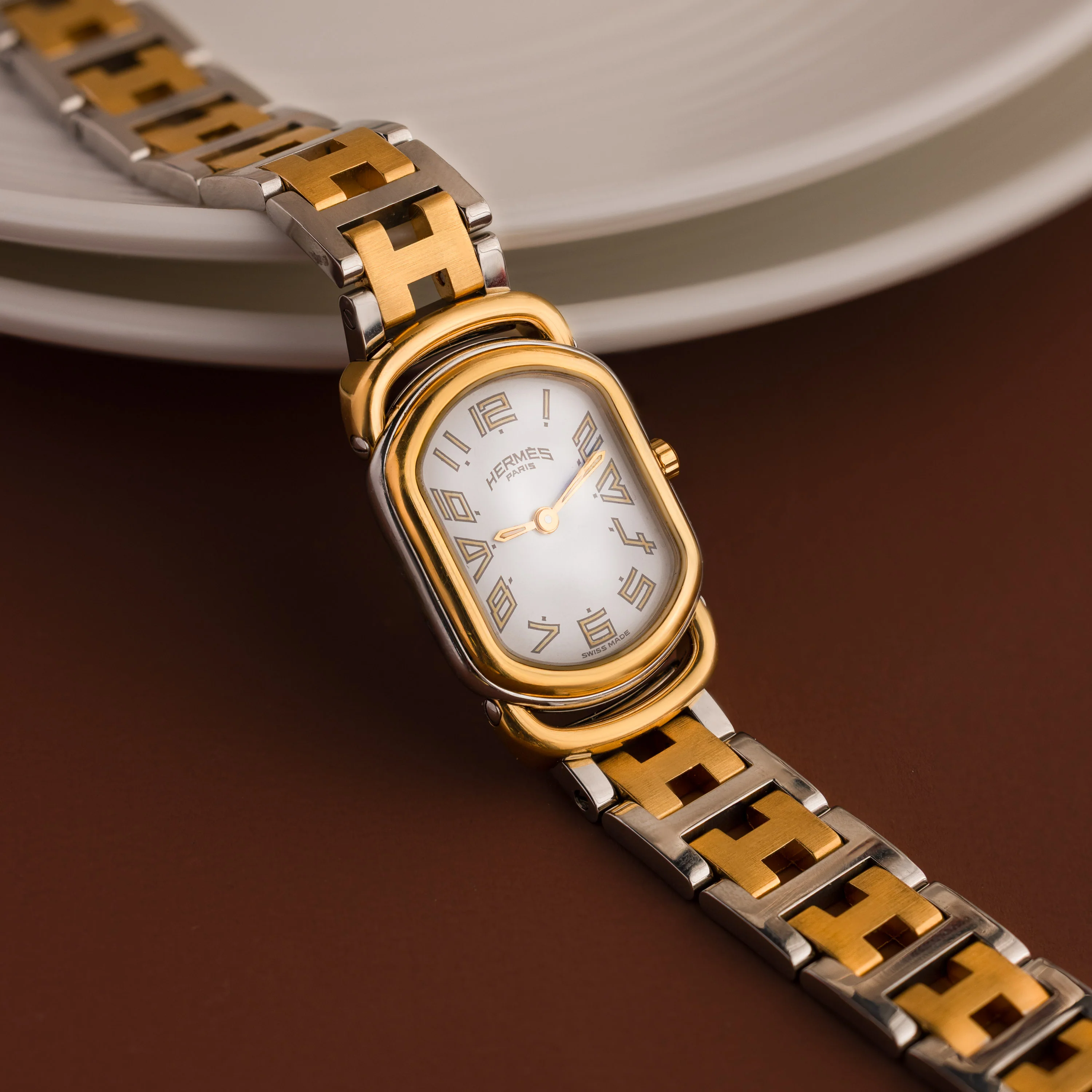 Vintage Hermes Swiss Rallye Oval Two Tone Watch