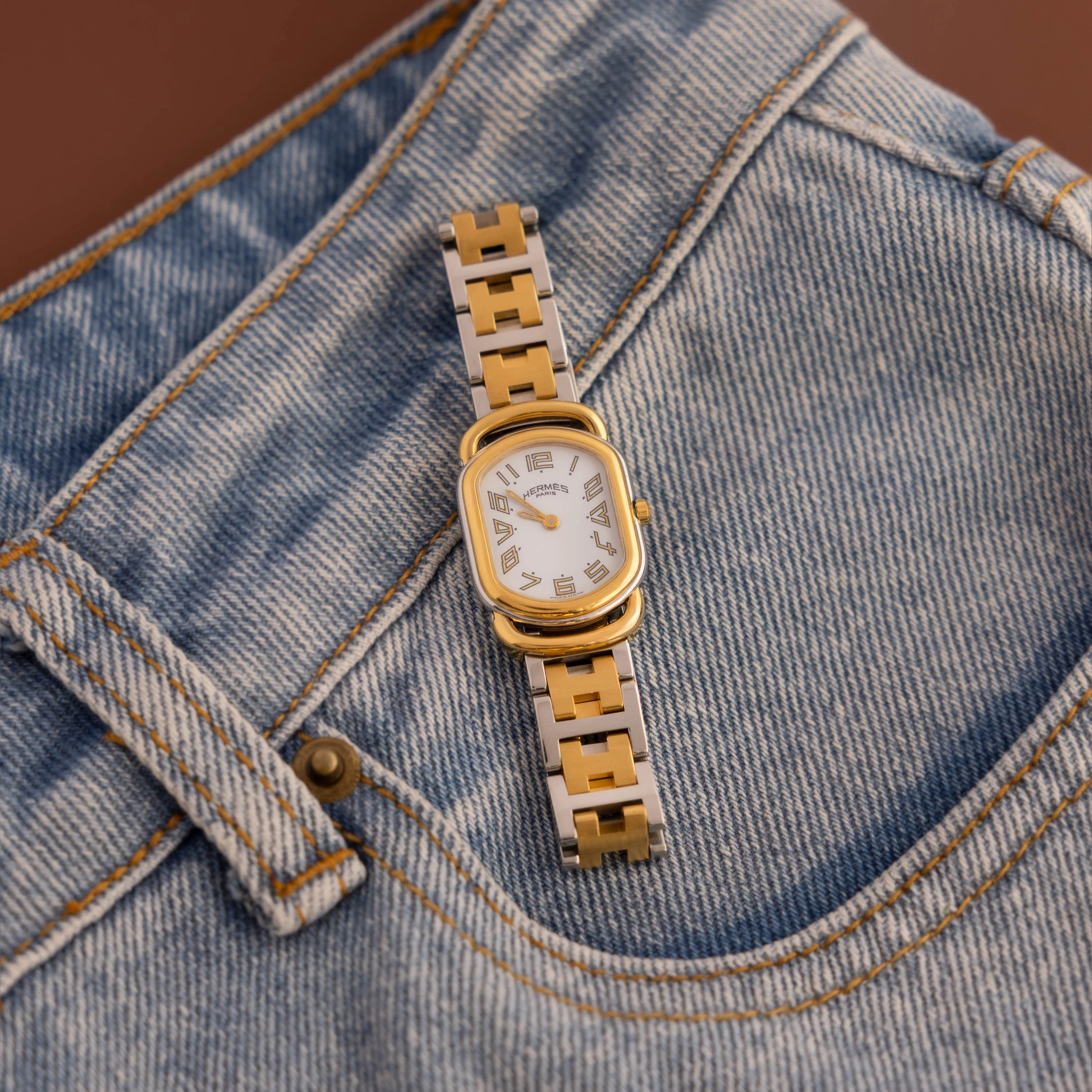Vintage Hermes Swiss Rallye Oval Two Tone Watch - Image 3